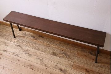 レトロ家具　昭和レトロ　ナラ材一枚板 古材の質感が味わい深い鉄脚ベンチ(長椅子、アイアンベンチ)(3)