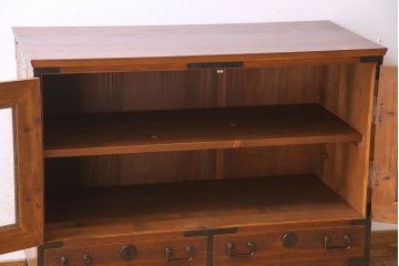 アンティーク家具　和製アンティーク　美しい結霜ガラス入りの箪笥ローボード(ローチェスト、収納棚)