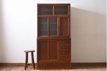 レトロ家具　昭和レトロ　作業台付き　美しいダイヤガラス入りの食器棚(収納棚)