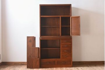 レトロ家具　昭和レトロ　作業台付き　美しいダイヤガラス入りの食器棚(収納棚)