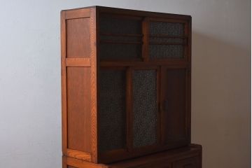 レトロ家具　昭和レトロ　作業台付き　美しいダイヤガラス入りの食器棚(収納棚)