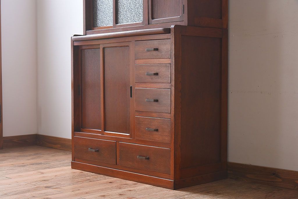 レトロ家具　昭和レトロ　作業台付き　美しいダイヤガラス入りの食器棚(収納棚)