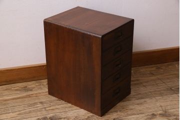 レトロ家具　昭和レトロ　ネームプレート取っ手付き!ナラ材の5杯小引き出し