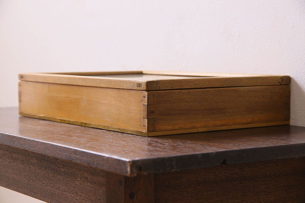 アンティーク雑貨　昭和レトロ　古い木製のアンティークコレクションボックス(ガラスケース・収納箱)(1)