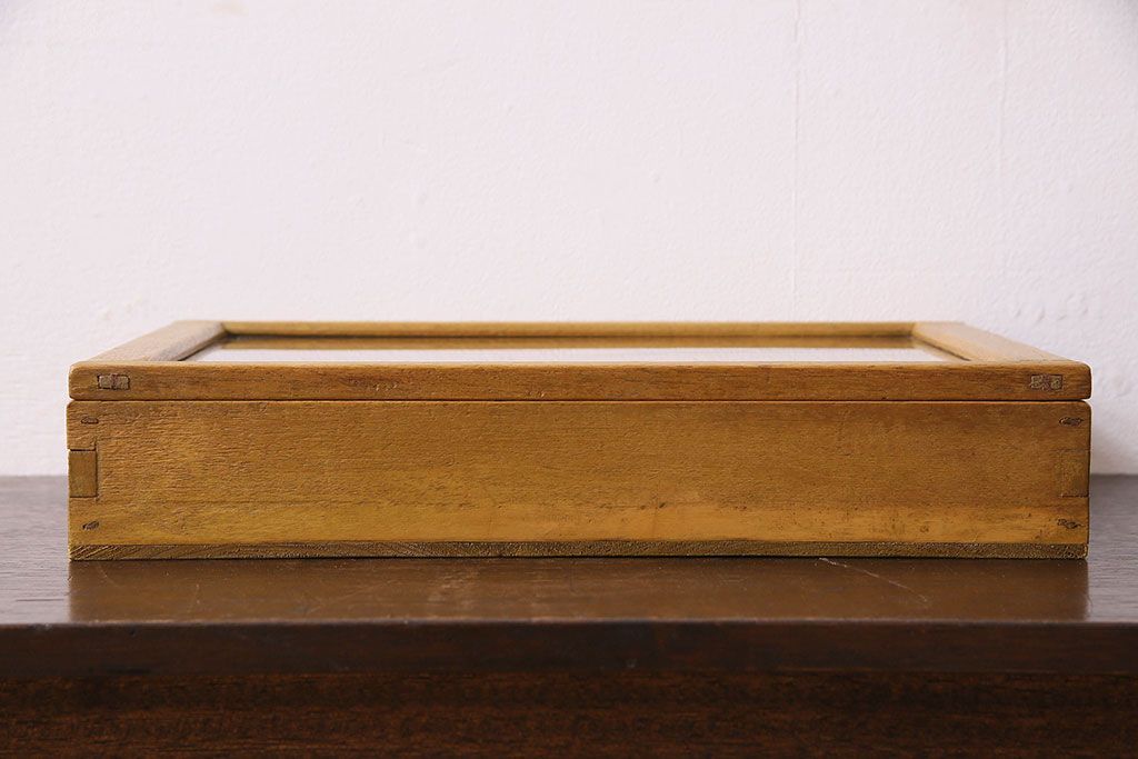 アンティーク雑貨　昭和レトロ　古い木製のアンティークコレクションボックス(ガラスケース・収納箱)(2)