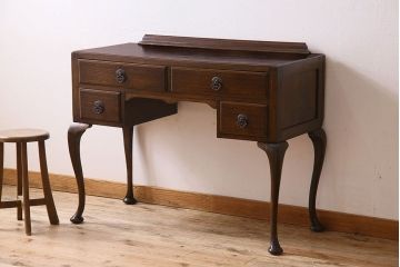 アンティーク家具　イギリスアンティーク　オーク材　脚の曲線が美しいニーホールデスク(コンソールデスク、在宅ワーク、在宅用両袖机)