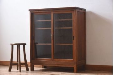 レトロ家具　昭和レトロ　気泡ガラスが味わい深い収納棚(戸棚、キャビネット)(1)