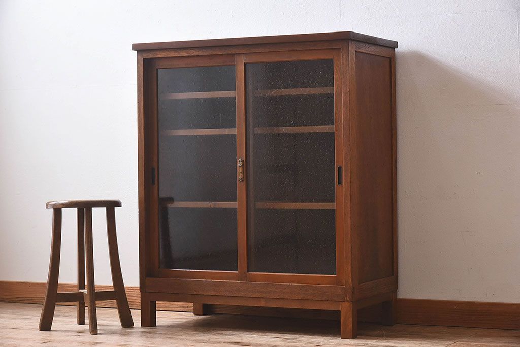 レトロ家具　昭和レトロ　気泡ガラスが味わい深い収納棚(戸棚、キャビネット)(1)