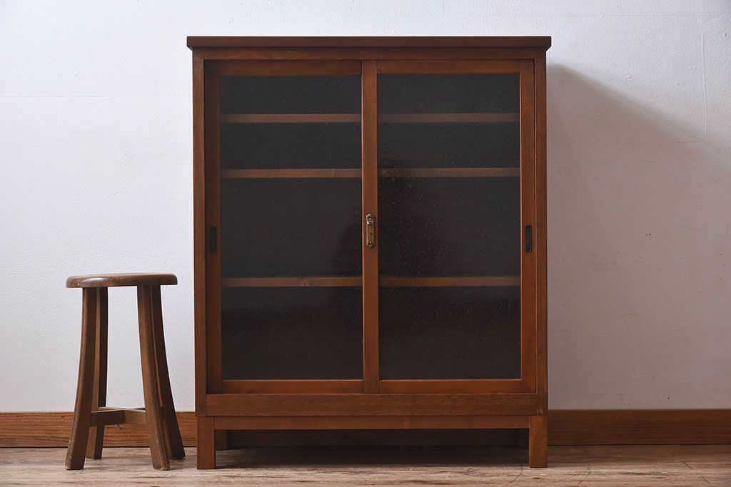 レトロ家具　昭和レトロ　気泡ガラスが味わい深い収納棚(戸棚、キャビネット)(1)