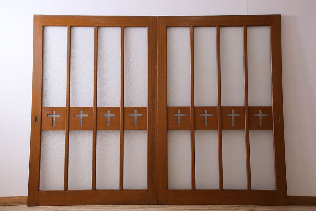 昭和レトロ　特大　教会で使われていたガラス引き戸(ガラス戸)2枚セット(1)
