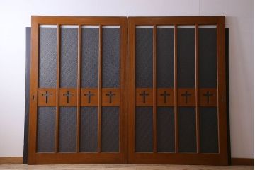昭和レトロ　特大　教会で使われていたガラス引き戸(ガラス戸)2枚セット(1)