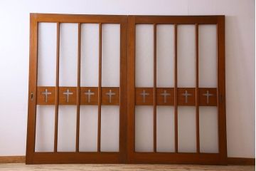 昭和レトロ　特大　教会で使われていたガラス引き戸(ガラス戸)2枚セット(2)