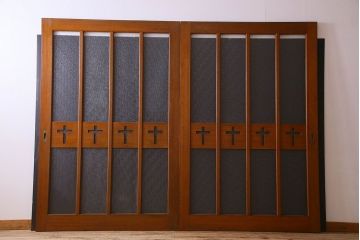 昭和レトロ　特大　教会で使われていたガラス引き戸(ガラス戸)2枚セット(2)