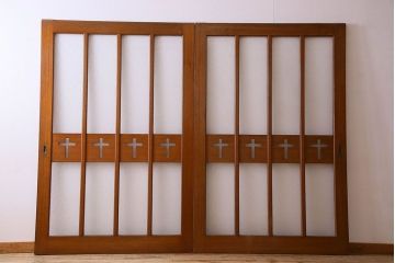 昭和レトロ　特大　教会で使われていたガラス引き戸(ガラス戸)2枚セット(2)