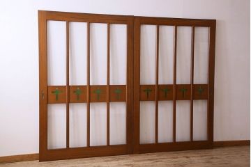 【H様ご成約済み・ご決済用】昭和レトロ　特大　色ガラス入り!教会で使われていたガラス引き戸(ガラス戸)2枚セット