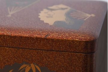 古民具・骨董　木製　梨地に扇蒔絵の四段重箱(外箱付き)