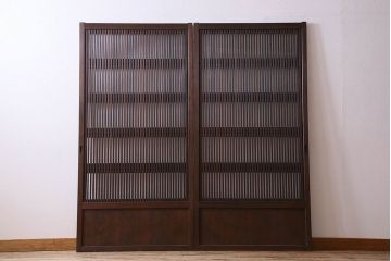 古民具・骨董　裏ガラス入り　古い木のアンティーク格子戸2枚セット