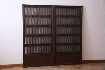 古民具・骨董　裏ガラス入り　古い木のアンティーク格子戸2枚セット