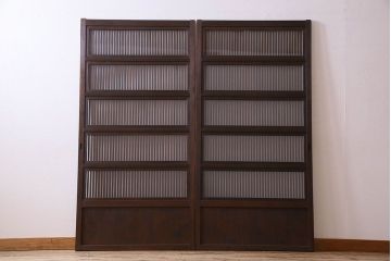 古民具・骨董　裏ガラス入り　古い木のアンティーク格子戸2枚セット