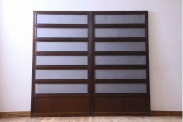 古民具・骨董　裏面すりガラス入り　古い木のアンティーク格子戸2枚セット