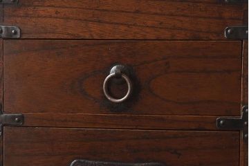 アンティーク雑貨　古民具・骨董　欅材　立派な金具が印象的な硯箱(小引き出し、小箱、小物入れ、木箱)