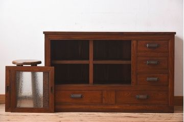 アンティーク家具　和製アンティーク　前面欅材　結霜ガラス入り!サイドボード(収納箪笥、収納棚、ローボード)