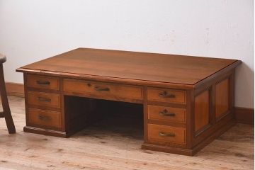 アンティーク家具　高級品　タモ材製の上質な両袖机(文机、在宅ワーク、在宅用デスク、作業台)