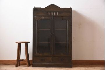 アンティーク家具　大正ロマン　気泡ガラス入り!古いナラ材製の本箱(収納棚、飾り棚、食器棚、ブックケース)