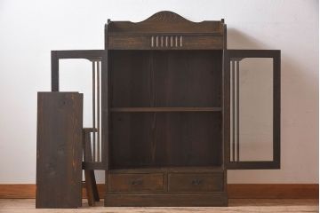 アンティーク家具　大正ロマン　気泡ガラス入り!古いナラ材製の本箱(収納棚、飾り棚、食器棚、ブックケース)
