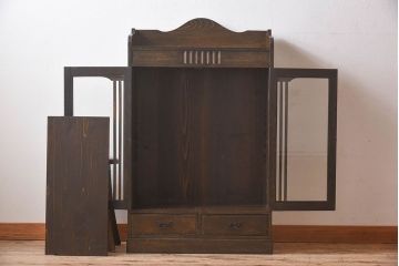 アンティーク家具　大正ロマン　気泡ガラス入り!古いナラ材製の本箱(収納棚、飾り棚、食器棚、ブックケース)