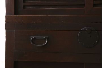 アンティーク家具　古民具・骨董　横桟引き戸　和の趣溢れる美濃帳場箪笥(収納箪笥、収納棚)