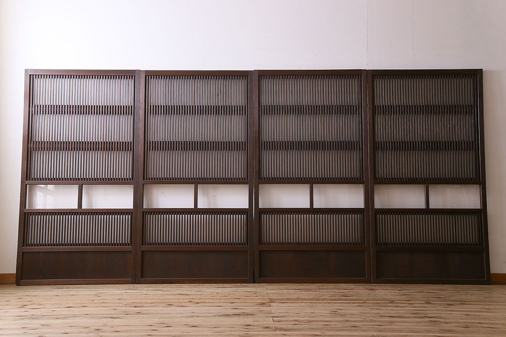 古民具・骨董　すりガラス・クリアガラス入り　古い木のアンティーク格子戸4枚セット