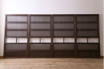 古民具・骨董　すりガラス・クリアガラス入り　古い木のアンティーク格子戸4枚セット