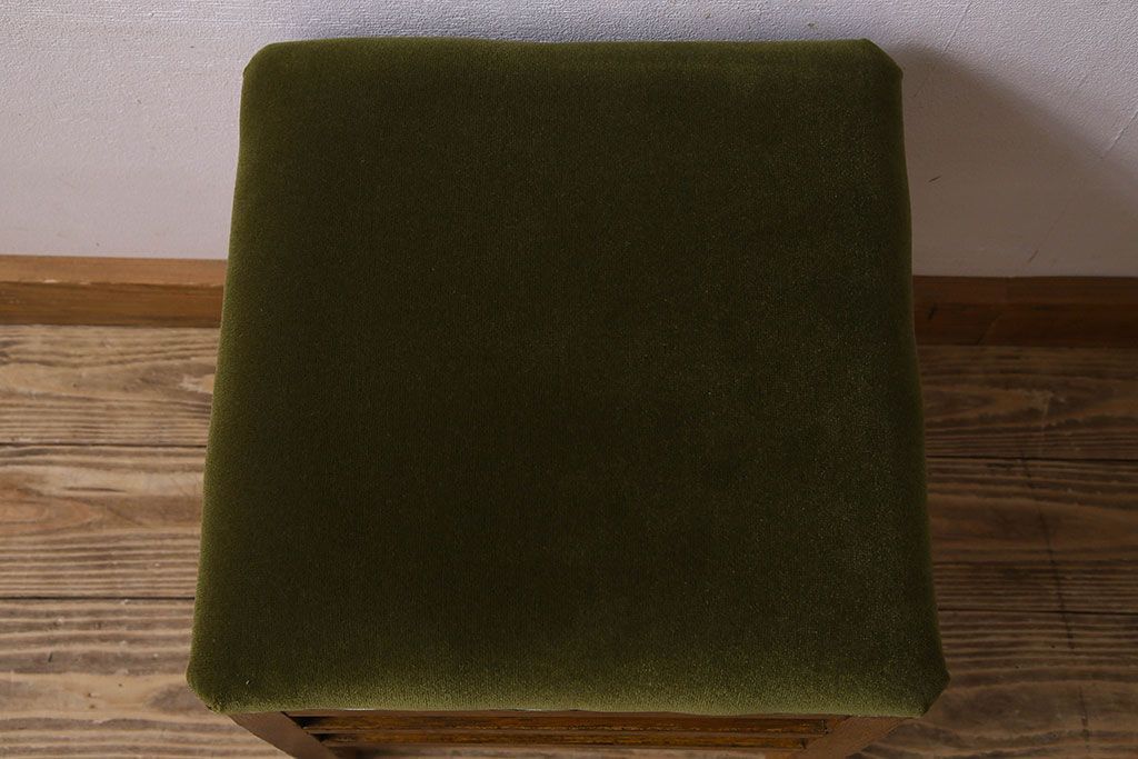 レトロ家具　昭和レトロ　古いナラ材のクッションスツール(椅子、チェア、角スツール)(2)