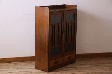 アンティーク家具　大正ロマン　象嵌入り　お洒落な扉が印象的な本箱(ブックケース、本棚、収納棚)