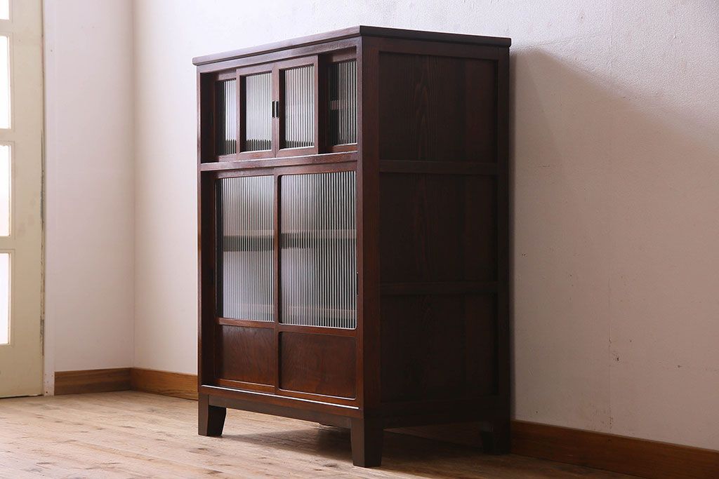 アンティーク家具　モールガラス引き戸　前面欅材　和製アンティークの収納棚(戸棚、本箱、ブックケース)