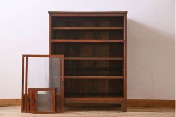 アンティーク家具　モールガラス引き戸　前面欅材　和製アンティークの収納棚(戸棚、本箱、ブックケース)