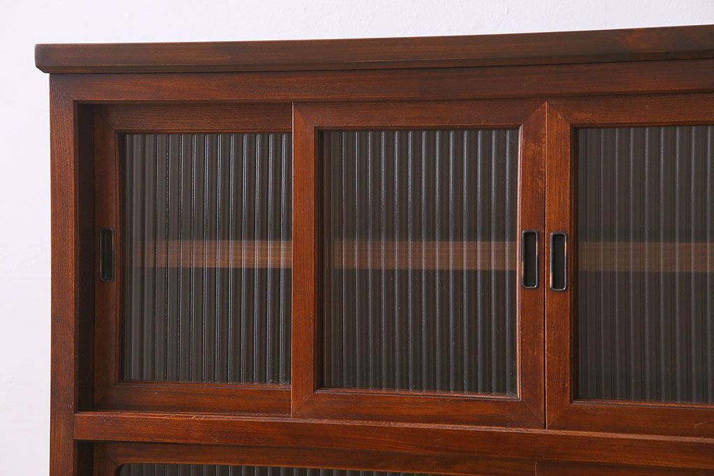 アンティーク家具　モールガラス引き戸　前面欅材　和製アンティークの収納棚(戸棚、本箱、ブックケース)