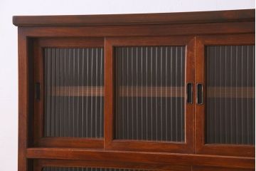 アンティーク家具　モールガラス引き戸　前面欅材　和製アンティークの収納棚(戸棚、本箱、ブックケース)