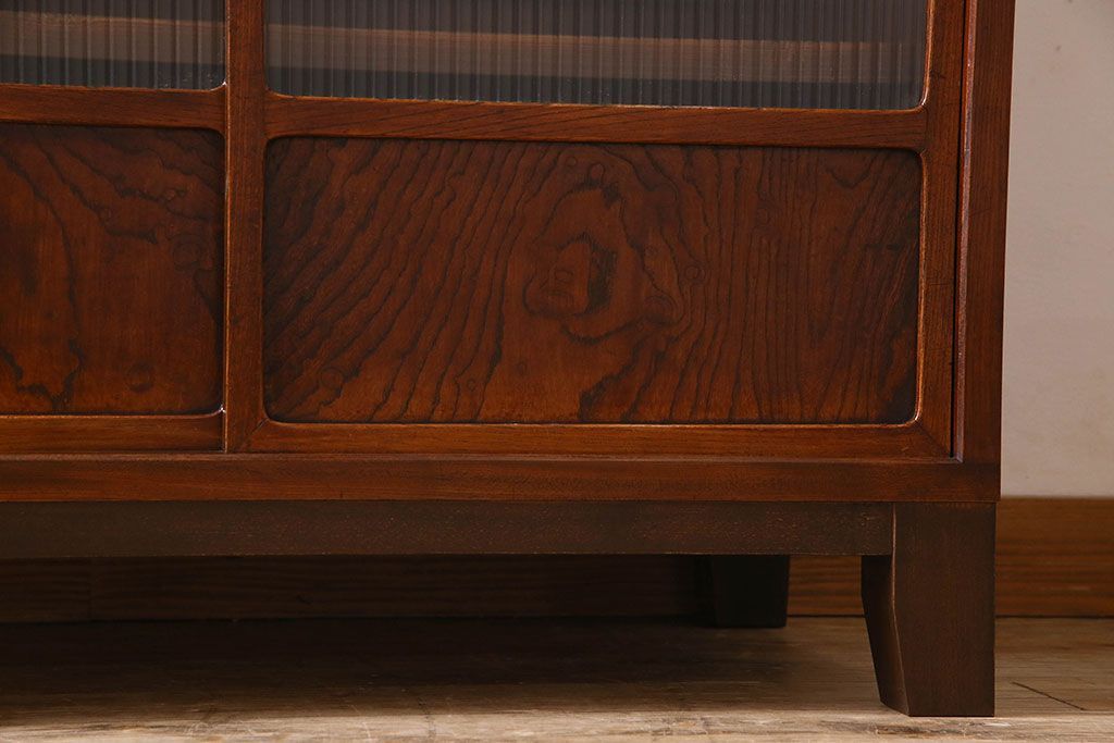 アンティーク家具　モールガラス引き戸　前面欅材　和製アンティークの収納棚(戸棚、本箱、ブックケース)