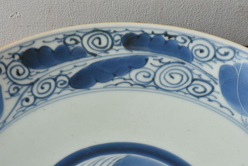 アンティーク雑貨　古民具・骨董　江戸期　染付　帆に蓮文　大皿(伊万里)