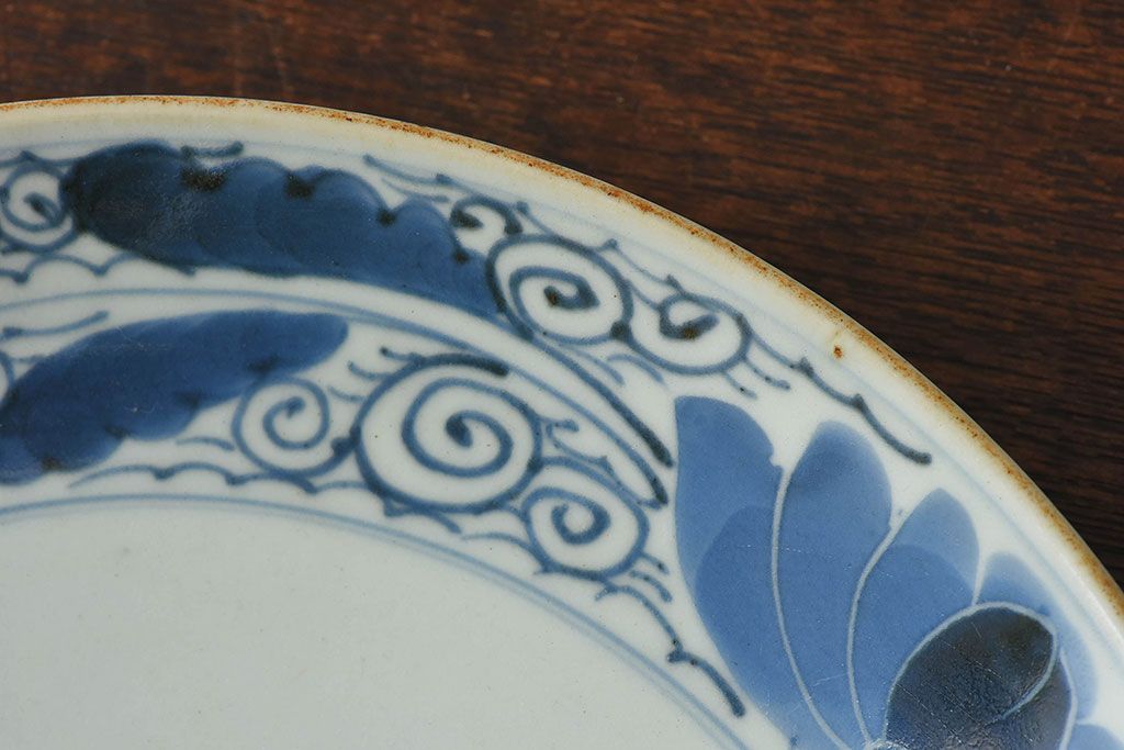 アンティーク雑貨　古民具・骨董　江戸期　染付　帆に蓮文　大皿(伊万里)