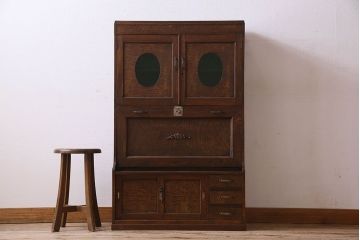 アンティーク家具　和製アンティーク　タモ材　色ガラス入り!上質なデザインのライティングビューロー(机、在宅ワーク、在宅用デスク、収納棚)