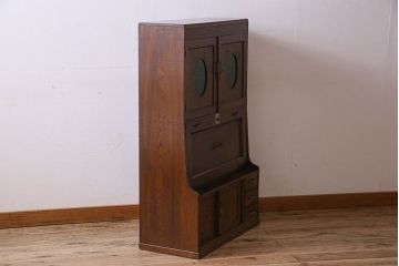 アンティーク家具　和製アンティーク　タモ材　色ガラス入り!上質なデザインのライティングビューロー(机、在宅ワーク、在宅用デスク、収納棚)