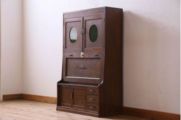 アンティーク家具　和製アンティーク　タモ材　色ガラス入り!上質なデザインのライティングビューロー(机、在宅ワーク、在宅用デスク、収納棚)