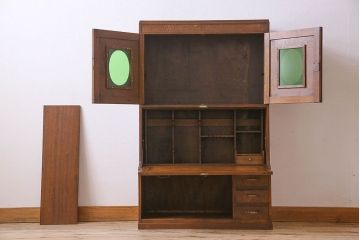 アンティーク家具　和製アンティーク　タモ材　色ガラス入り!上質なデザインのライティングビューロー(机、在宅ワーク、在宅用デスク、収納棚)