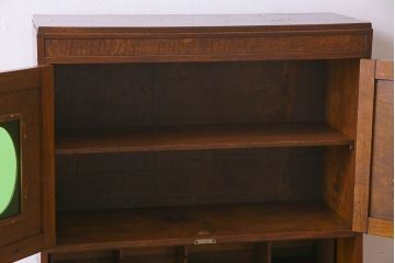 アンティーク家具　和製アンティーク　タモ材　色ガラス入り!上質なデザインのライティングビューロー(机、在宅ワーク、在宅用デスク、収納棚)