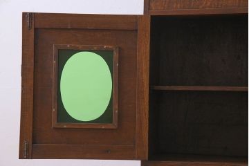 アンティーク家具　和製アンティーク　タモ材　色ガラス入り!上質なデザインのライティングビューロー(机、在宅ワーク、在宅用デスク、収納棚)