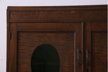 アンティーク家具　和製アンティーク　タモ材　色ガラス入り!上質なデザインのライティングビューロー(机、在宅ワーク、在宅用デスク、収納棚)