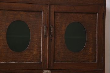 アンティーク家具　和製アンティーク　タモ材　色ガラス入り!上質なデザインのライティングビューロー(机、在宅ワーク、在宅用デスク、収納棚)